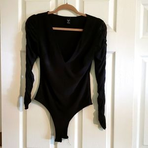 V neck bodysuit with mesh sleeves